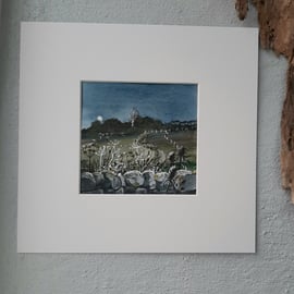 Moonlit Fields. Ink and Watercolour Landscape Painting. Ready to Frame