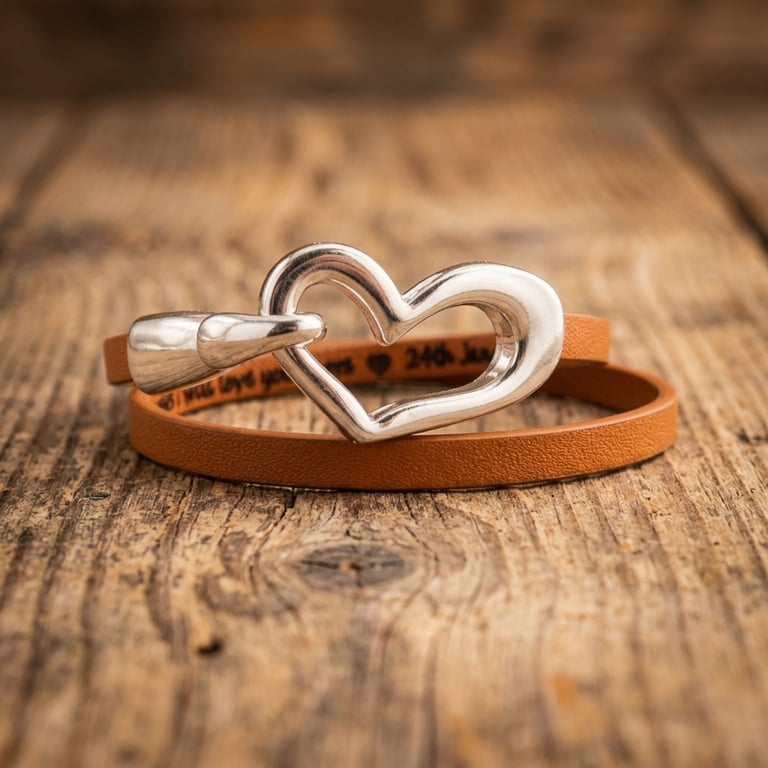 Double wrap leather bracelet with Heart Clasp and optional personalisation