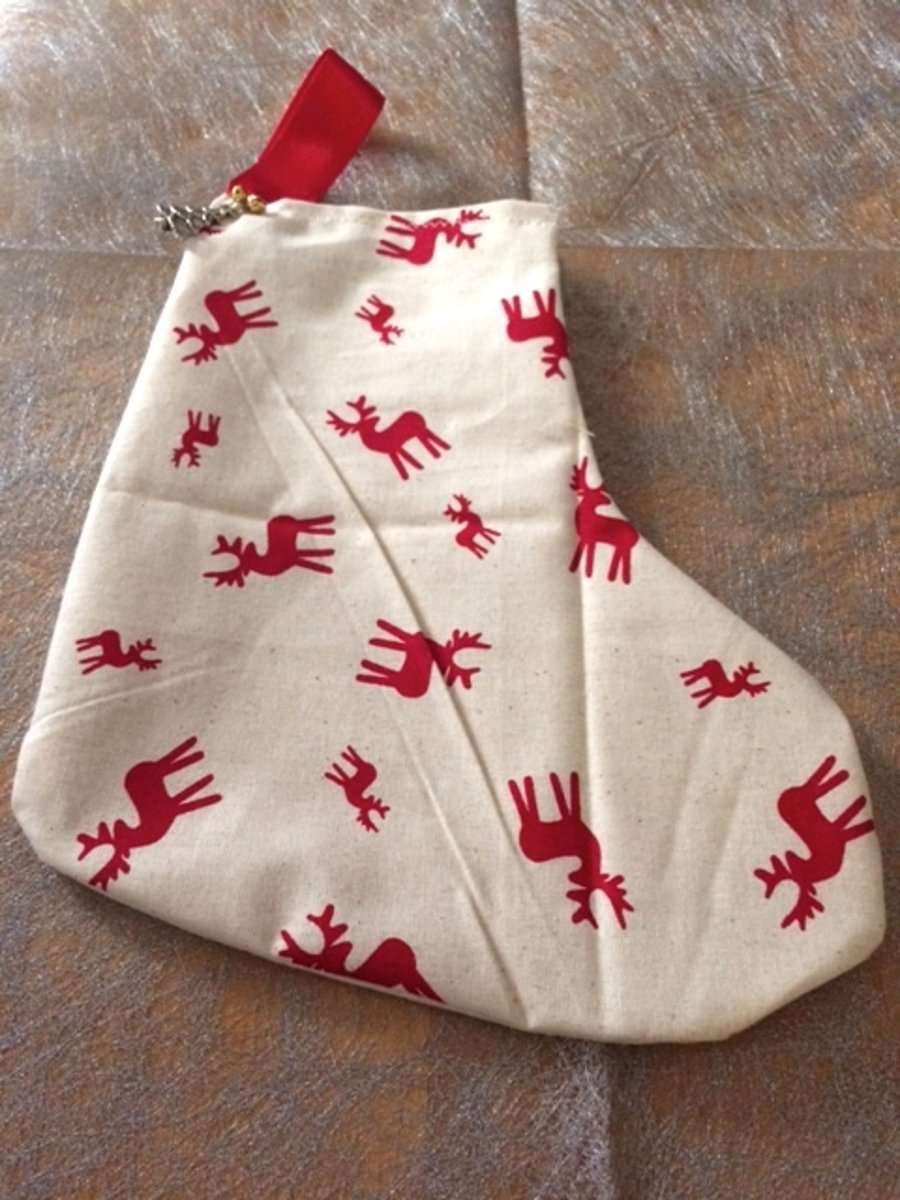 White & Red Reindeer patterned Christmas stocking