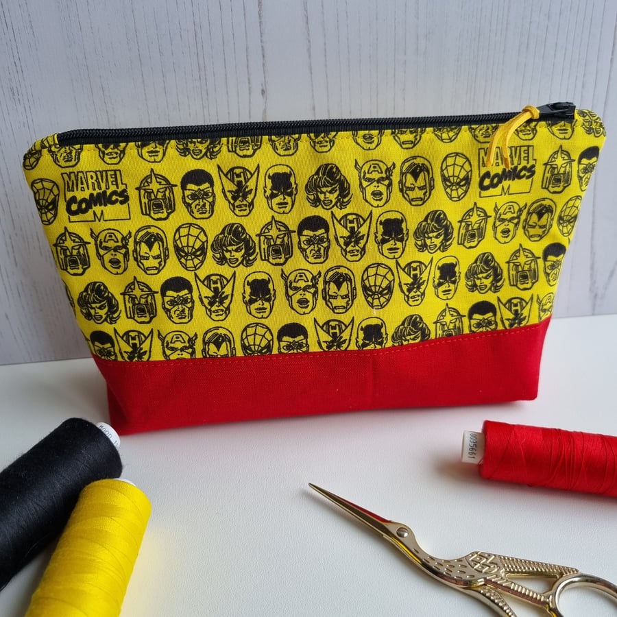 Large pencil case, zipped pouch, super heroes, notions case, make-up bag