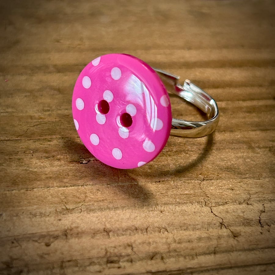 Silver Plated Adjustable Pink Spotty Button Ring
