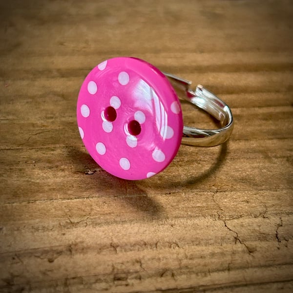 Silver Plated Adjustable Pink Spotty Button Ring