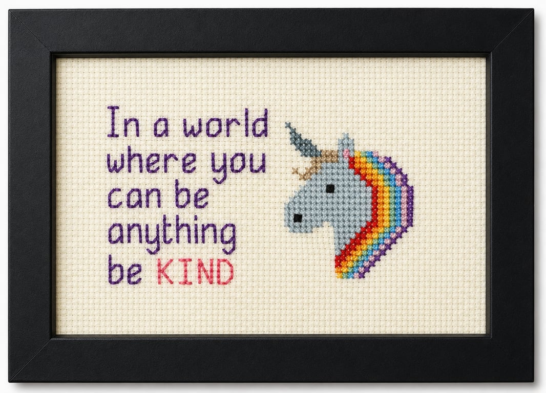 Framed unicorn picture in cross stitch