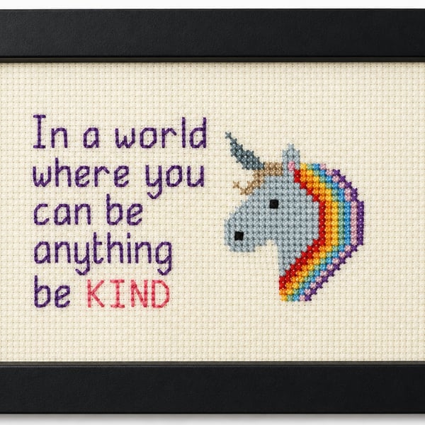 Framed unicorn picture in cross stitch