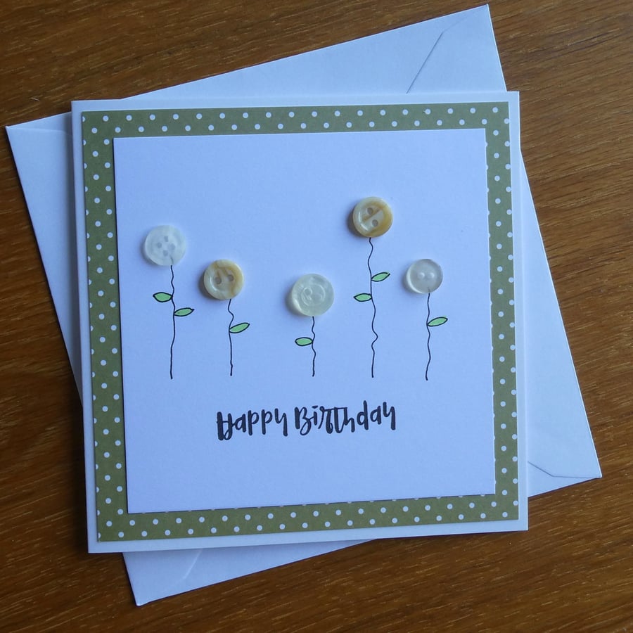 Birthday Card - Button Flowers - Moss Green