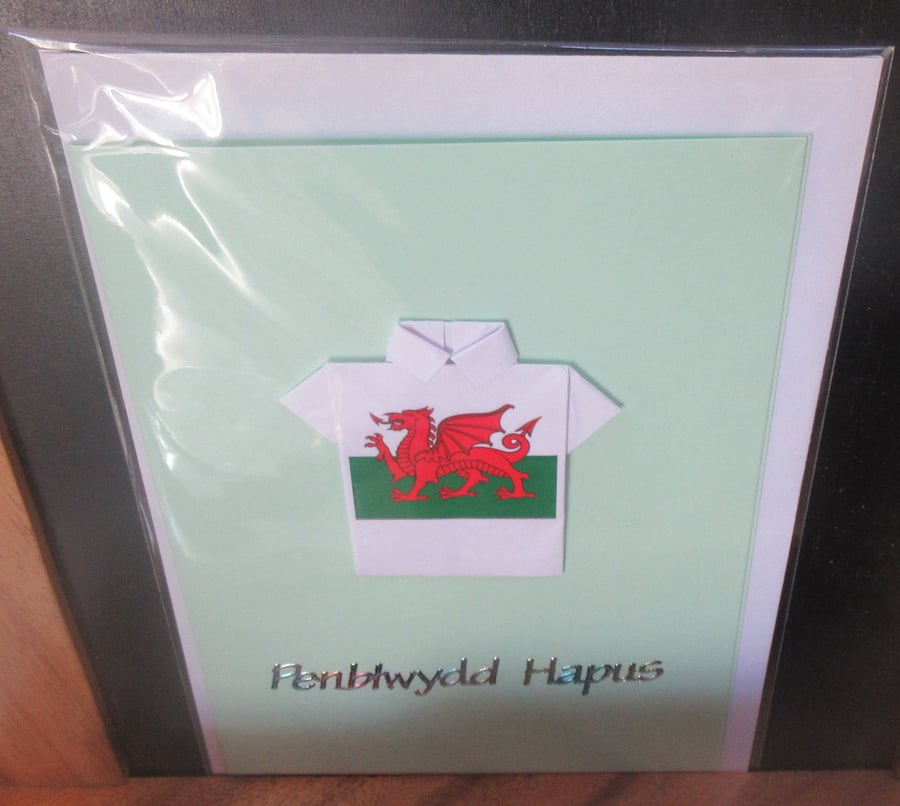 Birthday Greeting Card - Handmade Origami Shirt with Welsh Flag