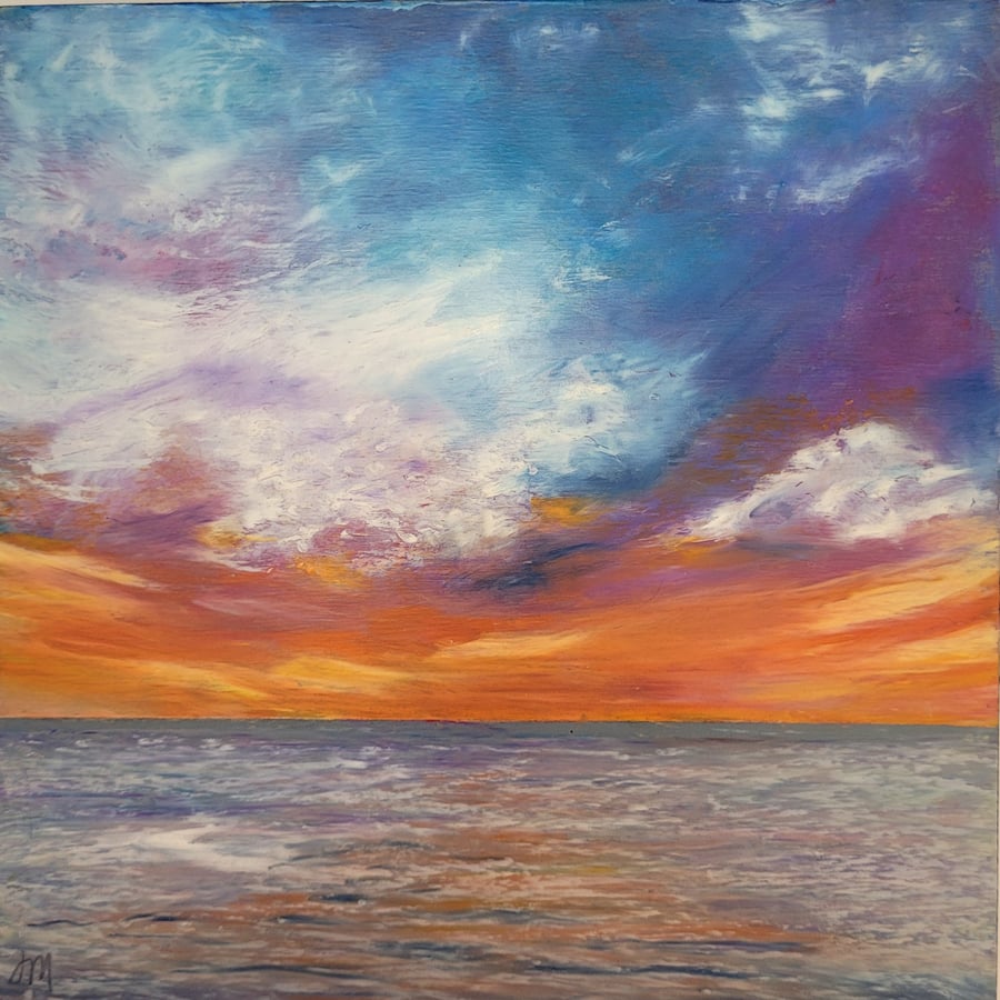 "Sunset coast" original oil pastel seascape painting