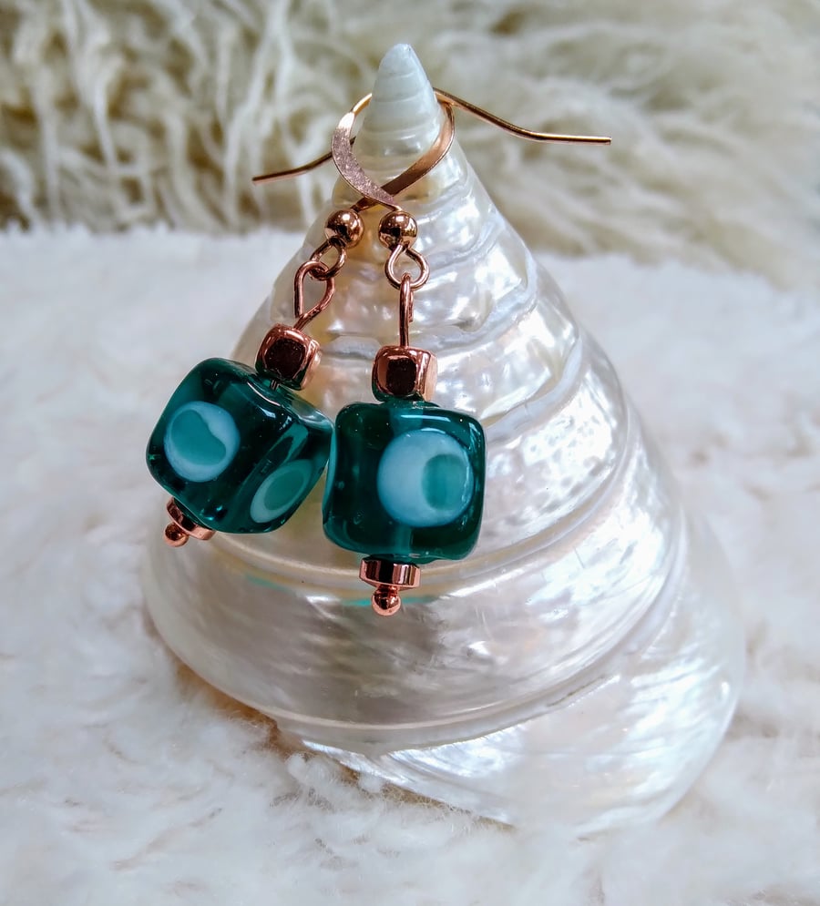 Turquoise LAMPWORK glass cube and rose-gold bead EARRINGS