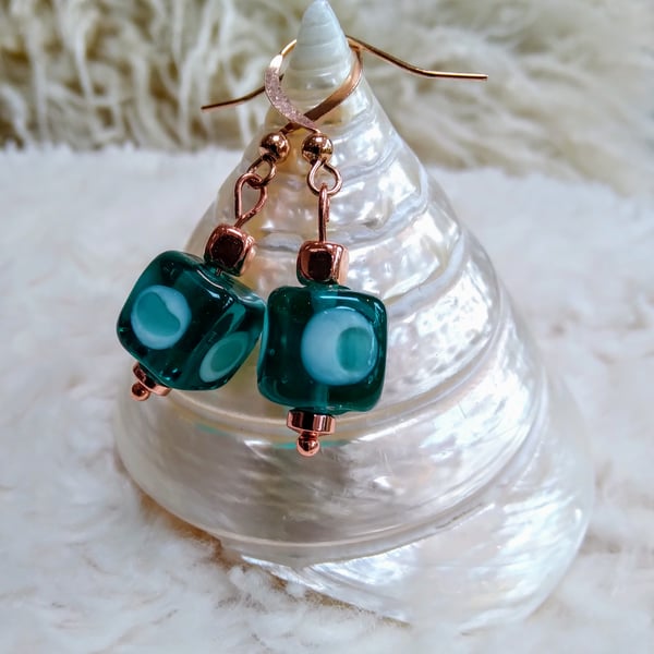 Turquoise LAMPWORK glass cube and rose-gold bead EARRINGS