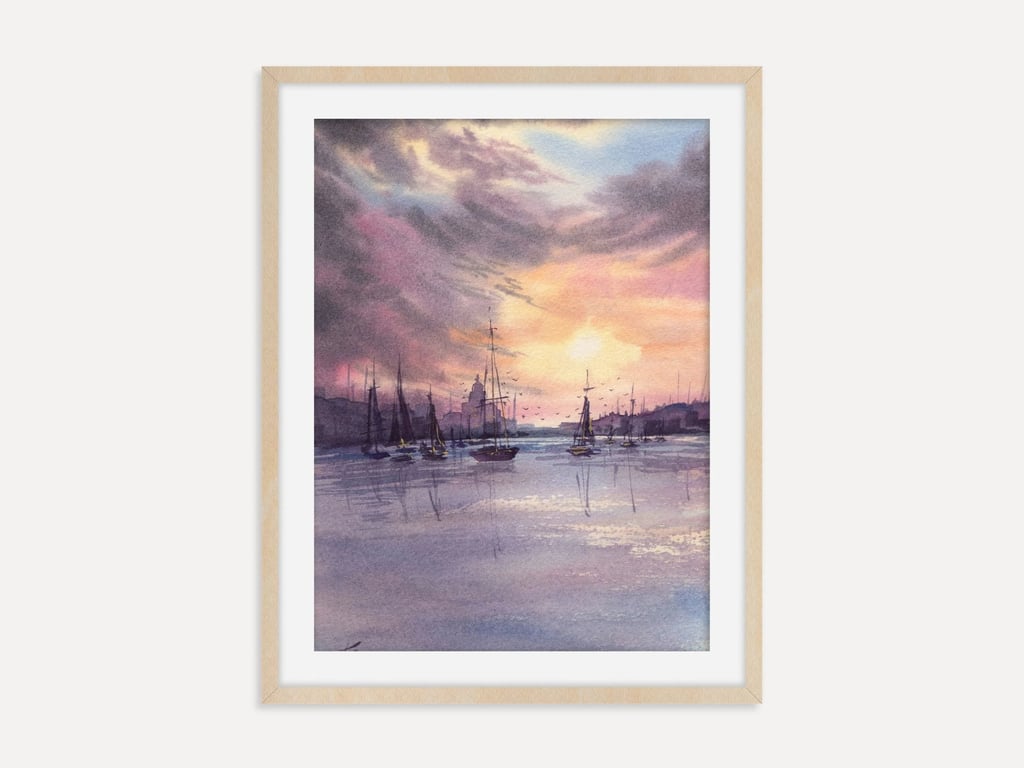 Sailboats at Sunset Art Print, Harbour Wall Art, Coastal Nautical Sailing Decor 