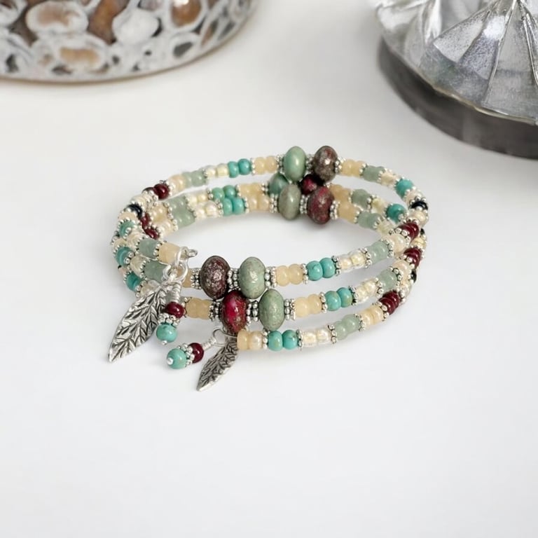 Sage green and deep red beaded wrap bracelet