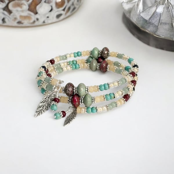 Sage green and deep red beaded wrap bracelet