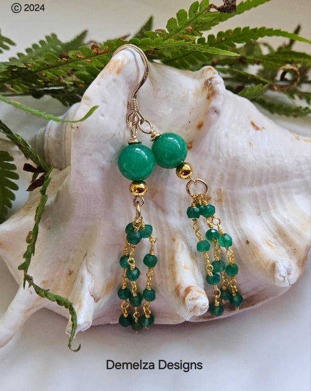 Green Onyx Waterfall Design Gold Vermeil Earrings ONE OFF PAIR MADE