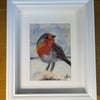 Unique WOOL  ART Painting, 'Winter Robin and the Fresh Snow' by Agnes Cebulak