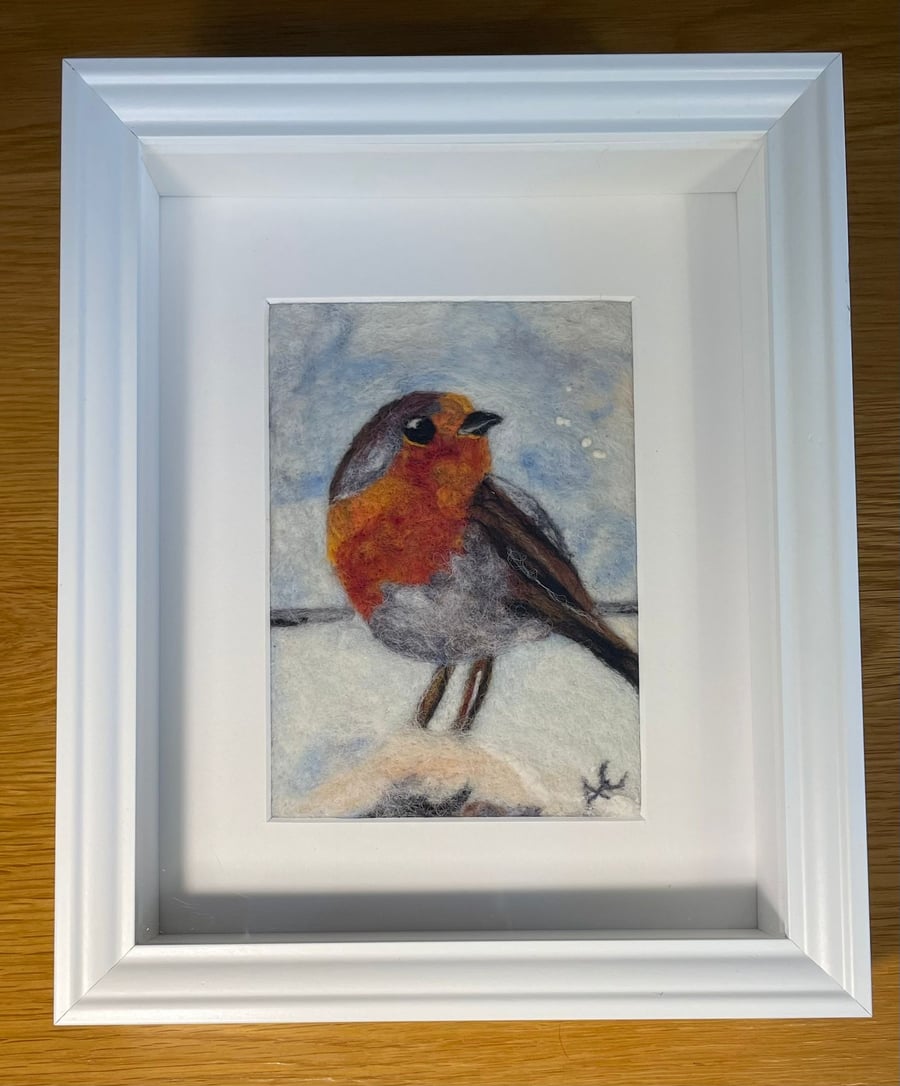 Unique WOOL  ART Painting Picture  'Winter Robin and the Fresh Snow' Gift Home