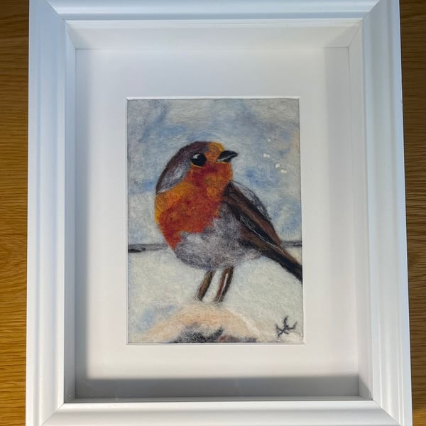 Unique WOOL  ART Painting Picture  'Winter Robin and the Fresh Snow' Gift Home