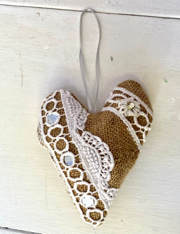 Heart decoration, Lace and hessian hanging heart