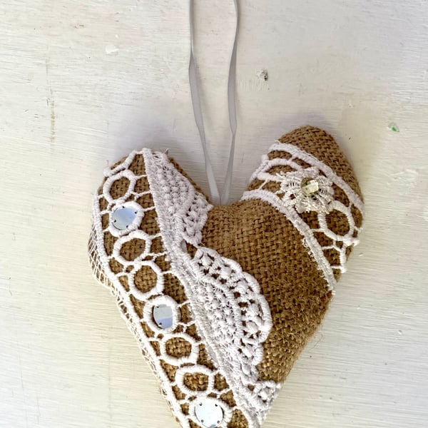 Heart decoration, Lace and hessian hanging heart