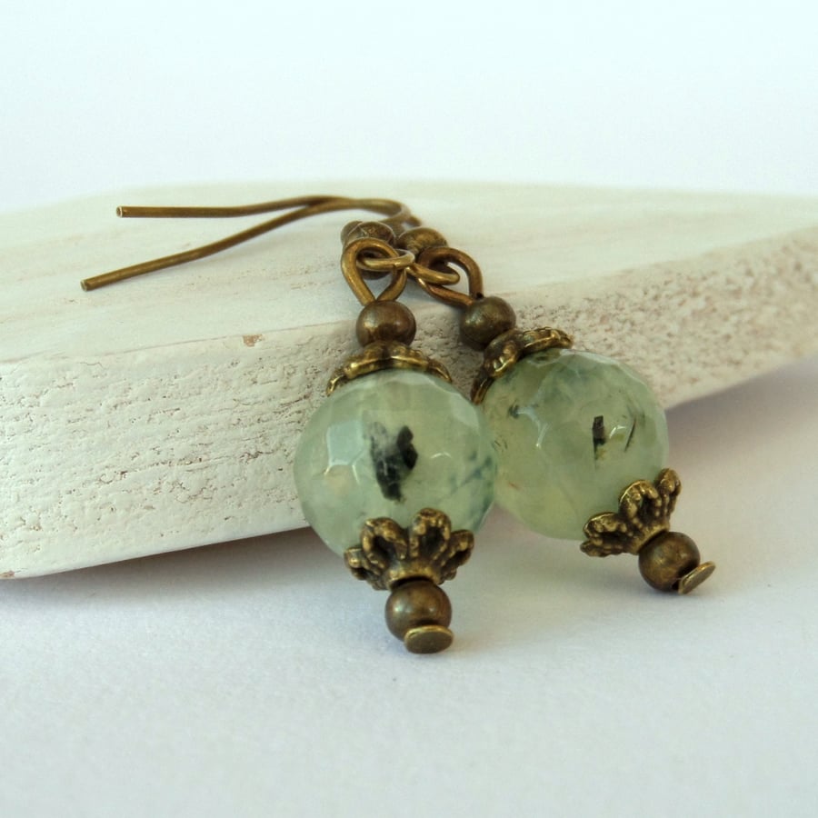 Green Prehnite bronze earrings, unique handmade earrings