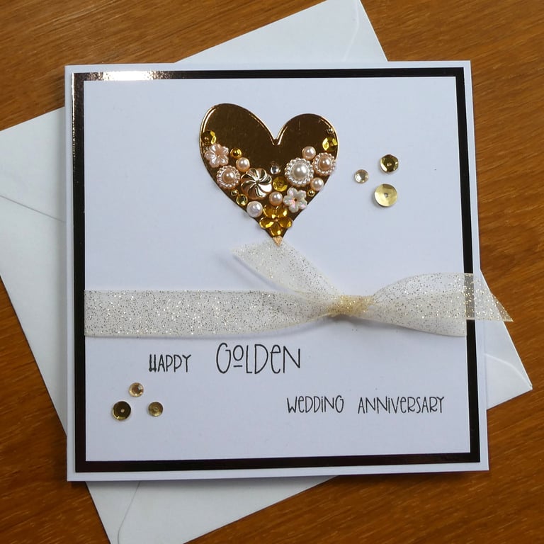 Embellished Heart Golden Wedding Anniversary Card - 50th Anniversary