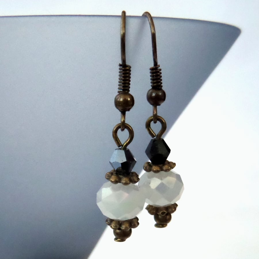 SALE: Handmade earrings, vintage style with white & jet black crystal 