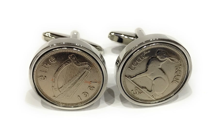 1961 Irish coin cufflinks- Great gift idea. Genuine Irish 3d threepence coin 3d