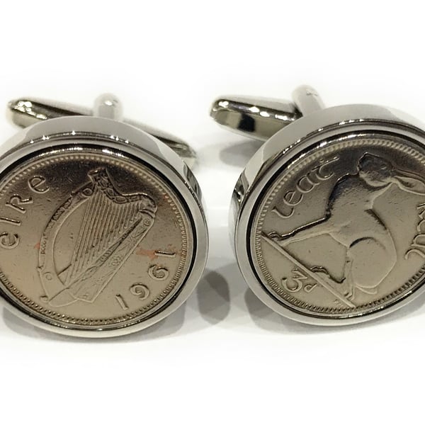 1961 Irish coin cufflinks- Great gift idea. Genuine Irish 3d threepence coin 3d