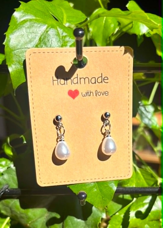Handmade Silver-Tone Stud Earrings with Pearl-Look Bead Droplets