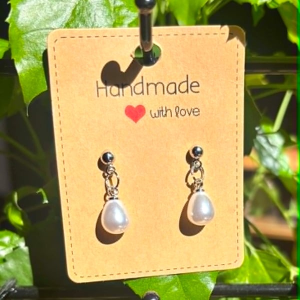 Handmade Silver-Tone Stud Earrings with Pearl-Look Bead Droplets