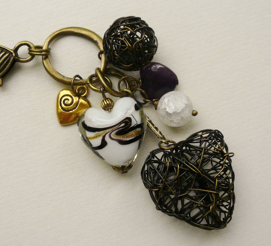 Handbag Charm Purple and White Glass Beaded Antique Bronze Wire Heart  KCJ624