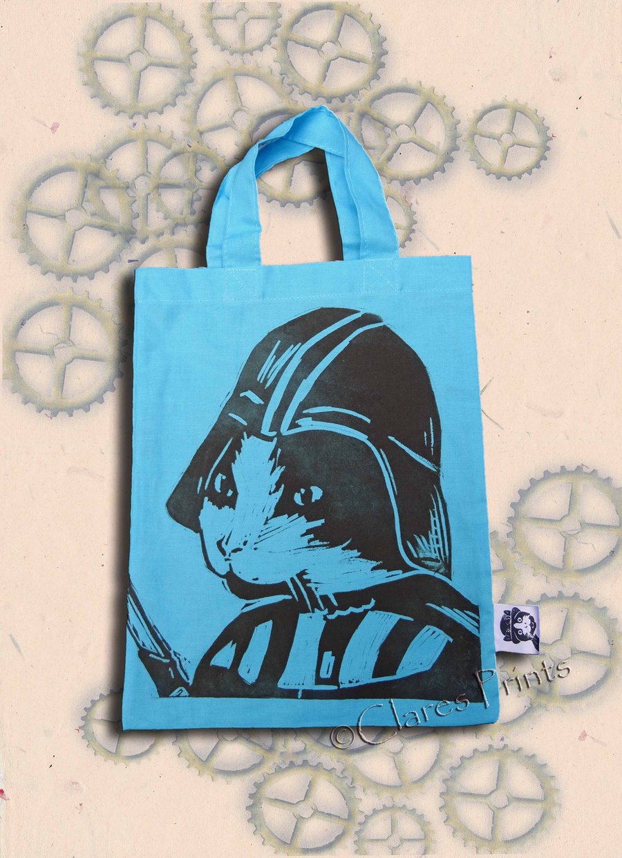 Darth Vadar Cat Tote Hand Printed Turquoise Mini Tote Shopping Bag