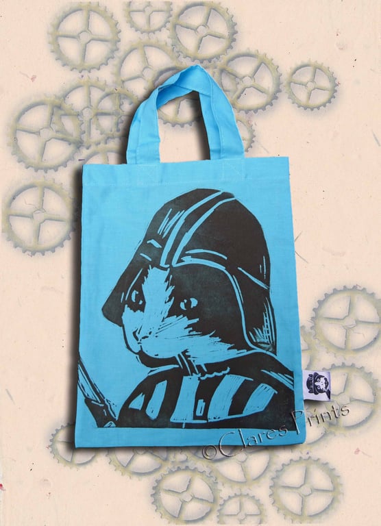 Darth Vadar Cat Tote Hand Printed Turquoise Mini Tote Shopping Bag