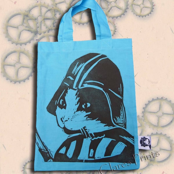 Darth Vadar Cat Tote Hand Printed Turquoise Mini Tote Shopping Bag