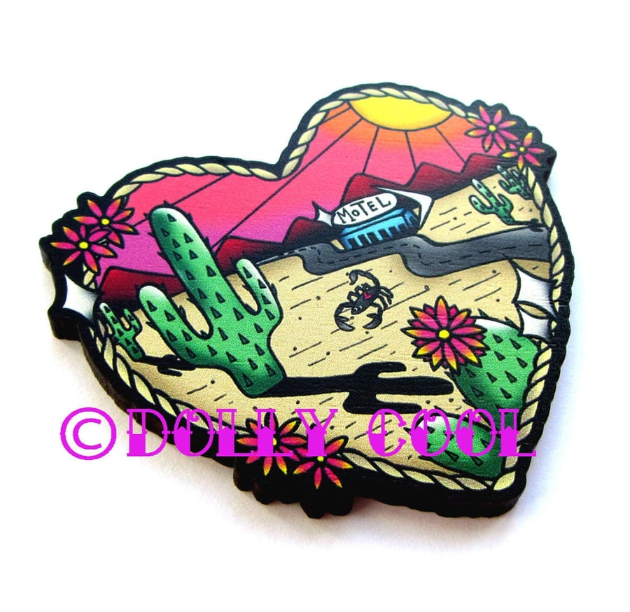 Western Desert Scene Brooch Dolly Cool 40s 50s Reproduction Vintage Style Wood