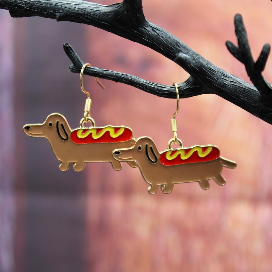 Hot Dog Earrings – Sausage Dog Dachshund Enamel Jewellery Gift