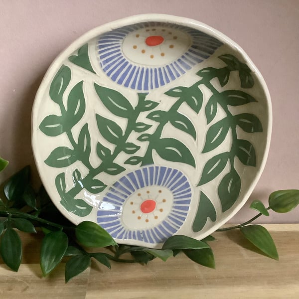 Handmade stoneware green leaf and lilac flower snack tapas dessert bowl