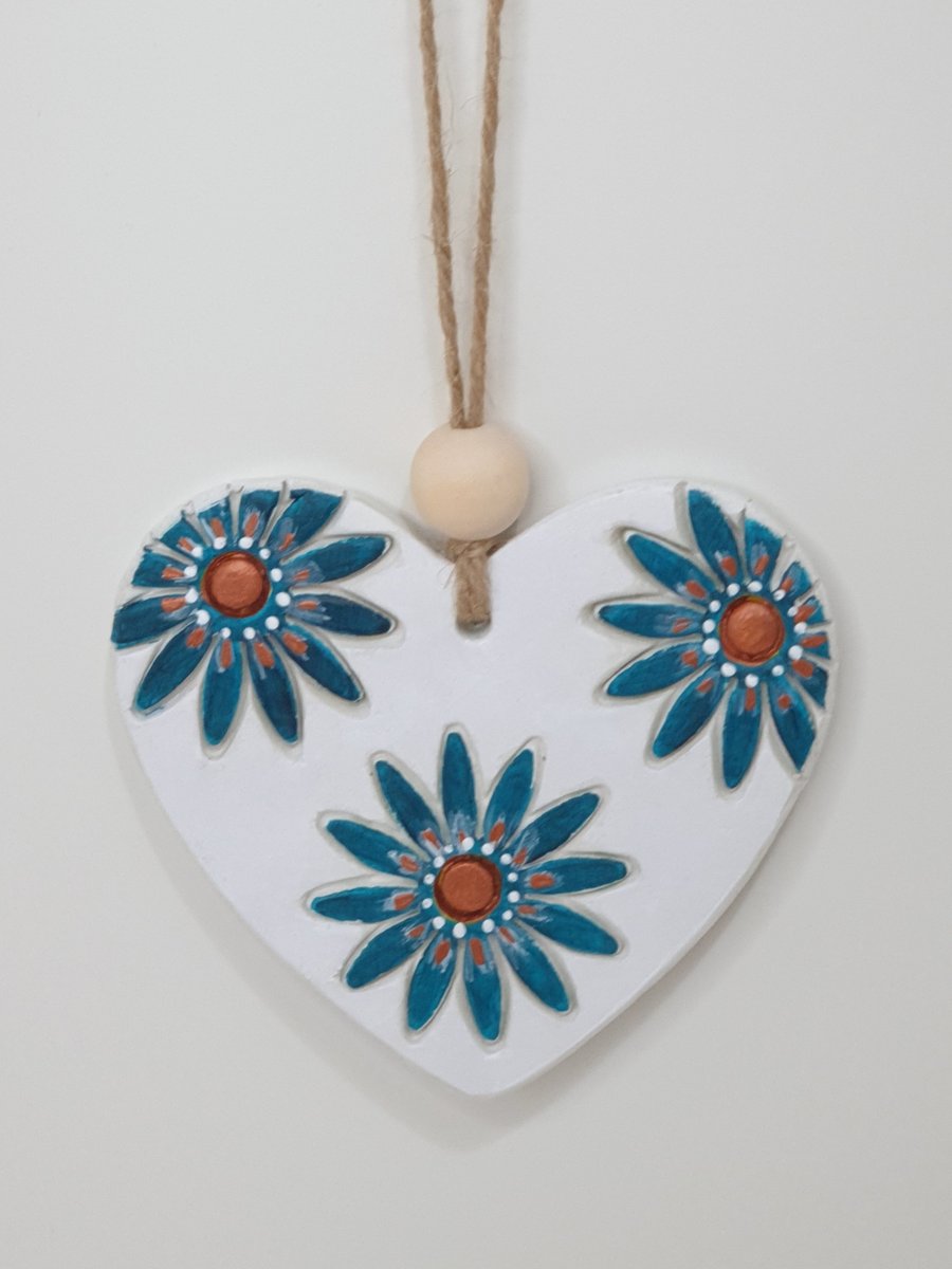 Floral clay heart hanging decoration, pretty letterbox gift for her
