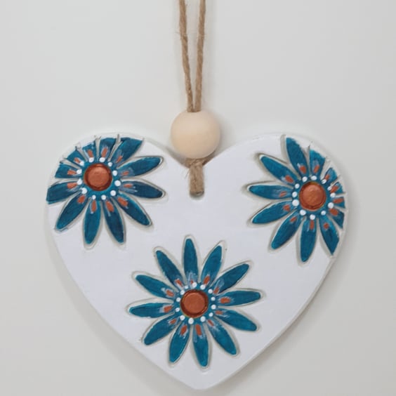 Floral clay heart hanging decoration, pretty letterbox gift for her