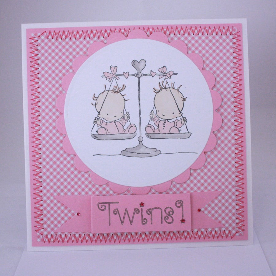 Handmade new baby card - twins