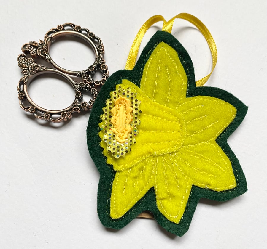 Upcycled embroidered spring daffodil home Easter decoration.