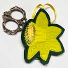 Upcycled embroidered spring daffodil home Easter decoration.