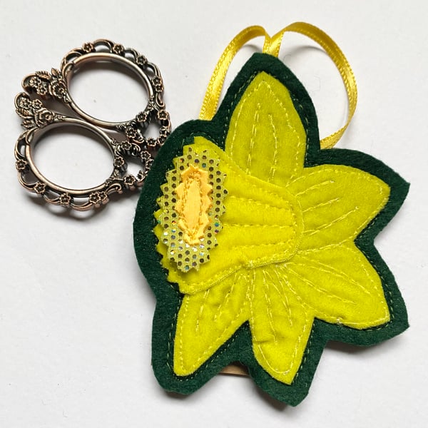 Upcycled embroidered spring daffodil home Easter decoration.