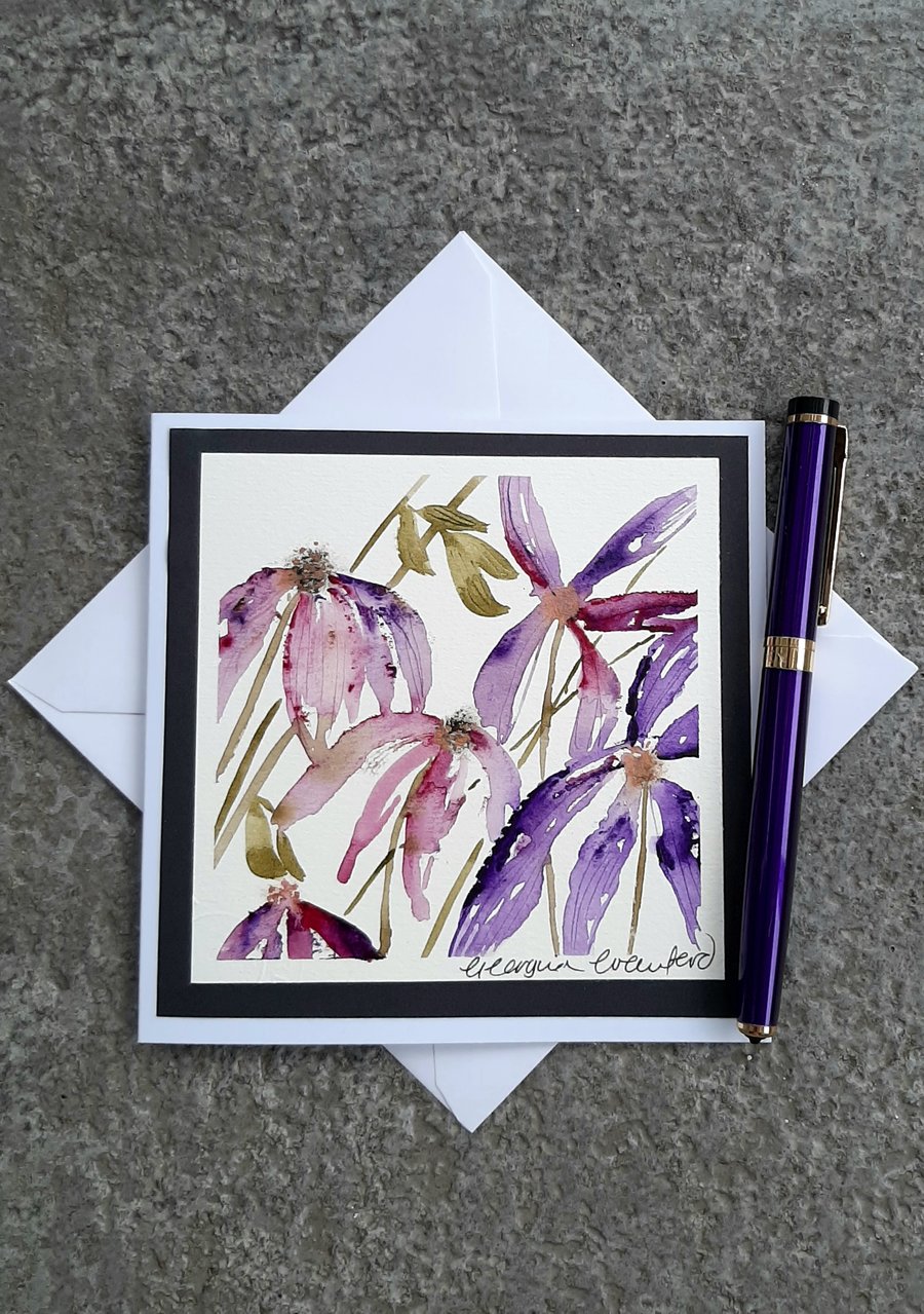 Handpainted Blank Card. Abstract Ragged Purple Flowers. Letterbox Gift
