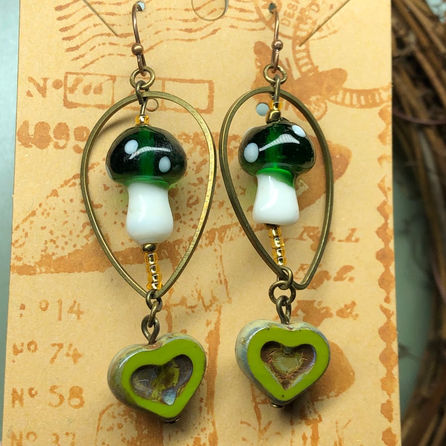 Green white mushroom heart earrings