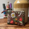 Vintage Flower Waltz linen coin purse zip pouch reclaimed seventies fabric