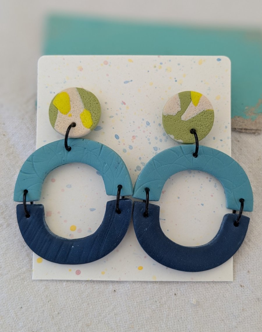 Dangly earrings, blue, green and yellow statement earrings