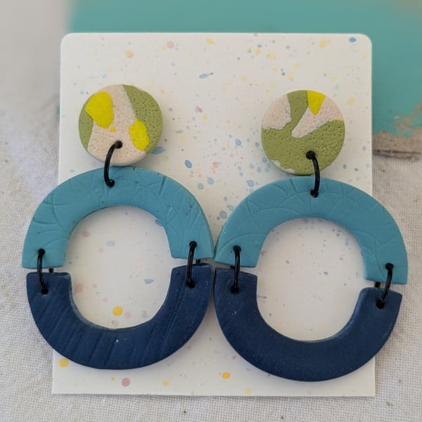 Dangly earrings, blue, green and yellow statement earrings