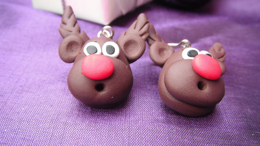 Christmas Novelty Fimo Earrings RUDOLPH (Dark Brown)
