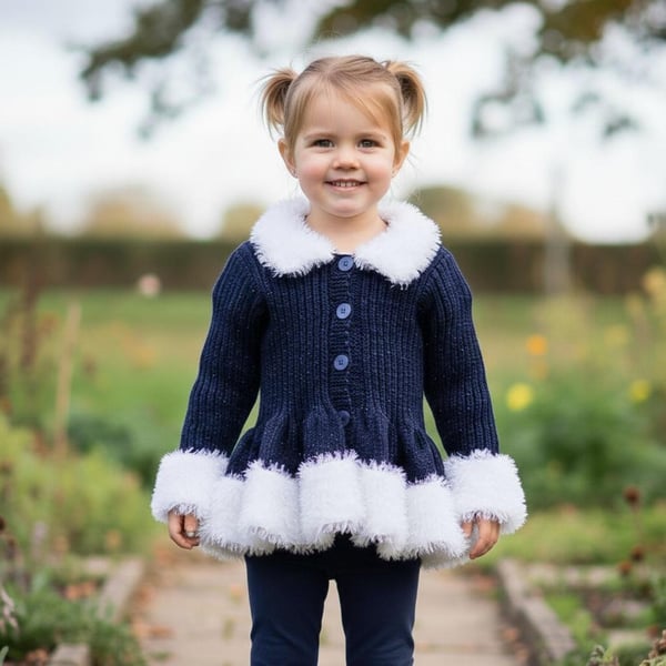 Girls' Hand-Knitted Sparkly Blue Cardigan with Fluffy Trim, Peplum Winter Outfit