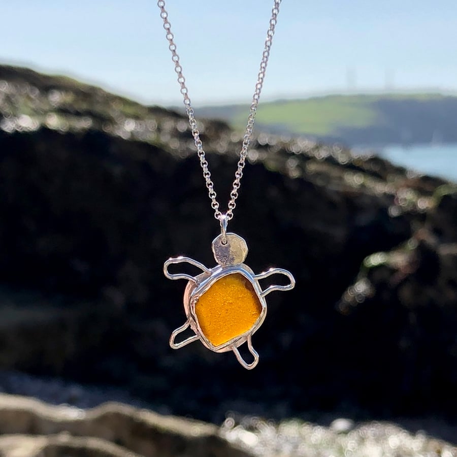 Dark Amber Sea Glass and Sterling Silver Turtle Pendant Necklace - 1048